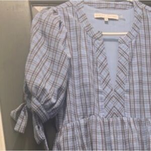 English Factory XS Blue Plaid Puff Sleeve Dress